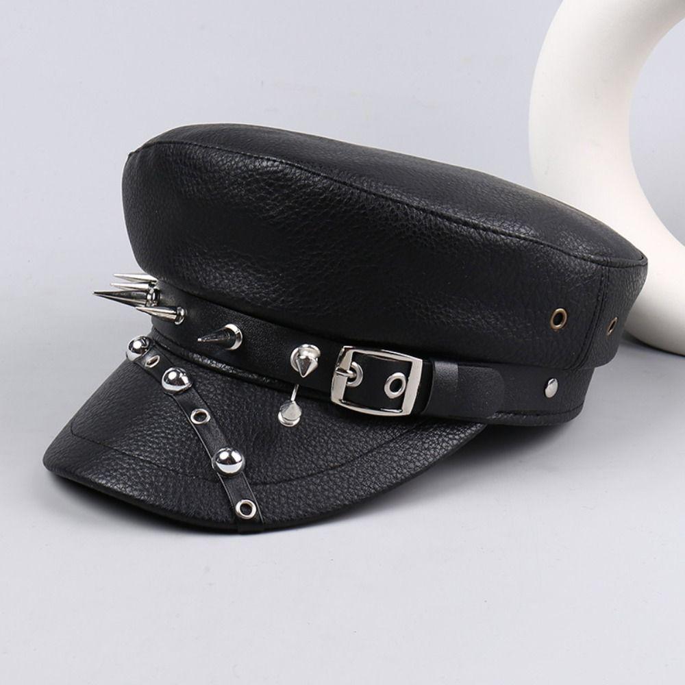 Black Newsboy Cap Pu Leather Flat Top Caps Casual Captain Caps  Fashion Accessories