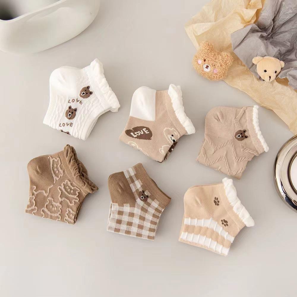 6 пар женских хлопчатобумажных носков, весенне-летние милые повседневные кружевные носки с медведем для девочек, универсальные неглубокие носки-лодочки