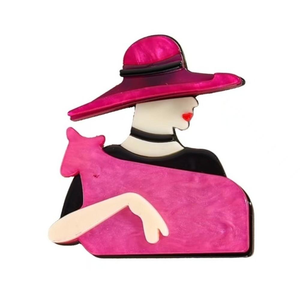 Large Women Portrait Pin Acrylic Coat Badge Cute Lady with Hat Brooch Clothing Accessories