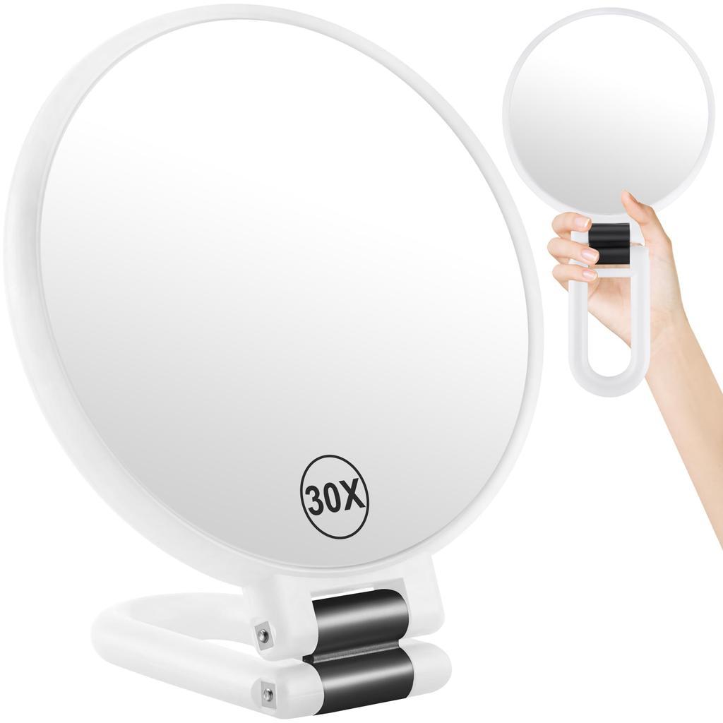 LunarCorky Handheld 30x and 1x Makeup Mirror with Travel Round MMH002W Mirror, Magnification, Folding, Double-Sided Handle, Portable, Compact, Mirror,