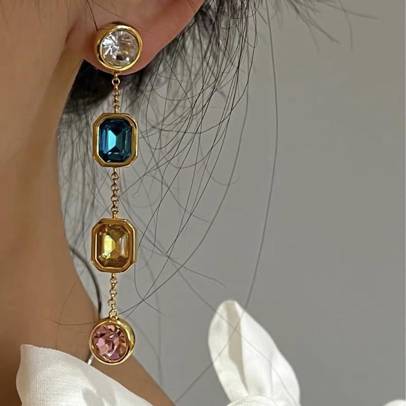 Retro Multi-color Crystal Long Geometric Drop Earrings for Women Fashionable Elegant Jewelry Gifts