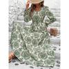 Autumn Women's Printed V-neck Long Sleeve Big Swing Fashion All-match Dress