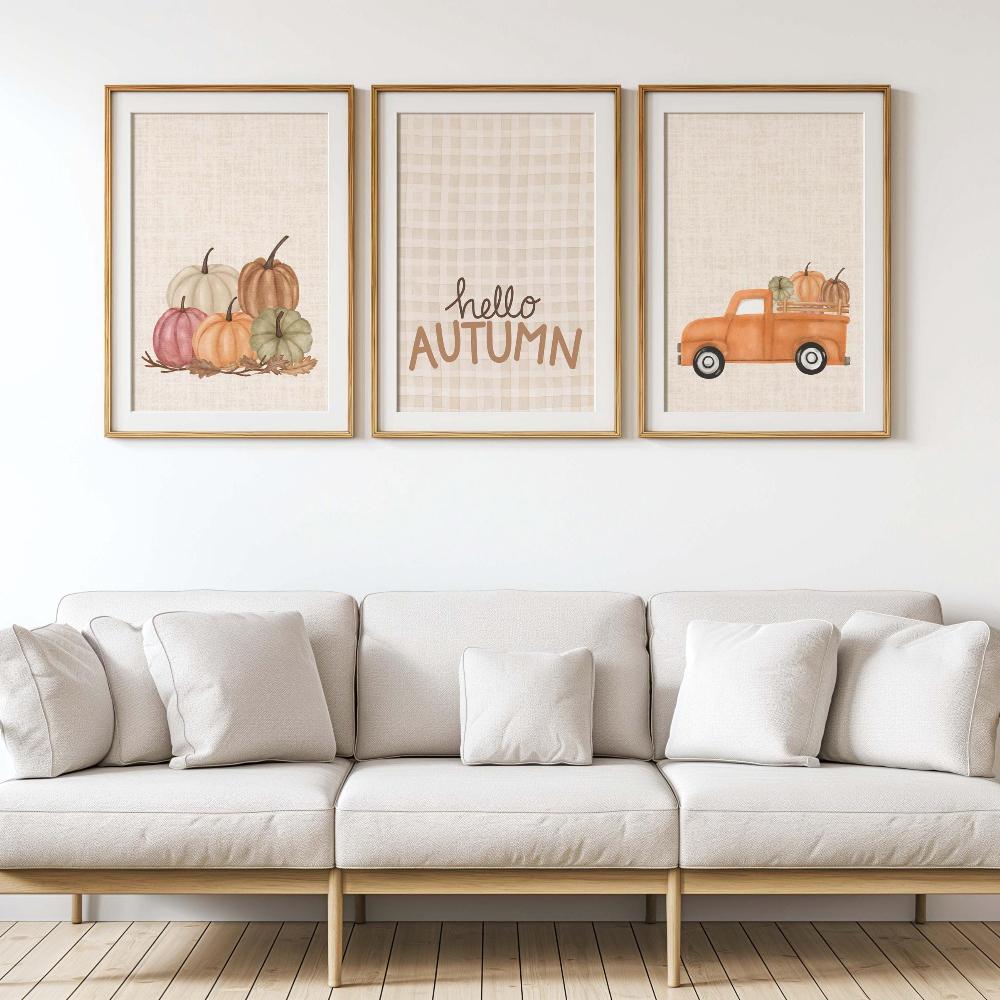 Autumn Prints Set of 3 Neutral Fall Decor Seasonal Wall Art Autumn Printable Hello Autumn Sign Rustic Pumpkin PosterGift Poster