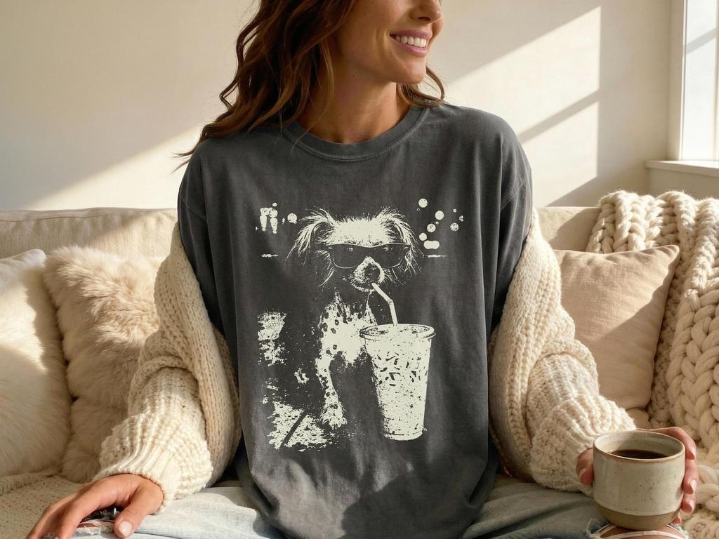 Funny Chinese Crested Iced Coffee T-Shirt: Perfect Gift for Chinese Crested Dog Mom Dad - Crested Owner T, Vintage Crested Lover Meme