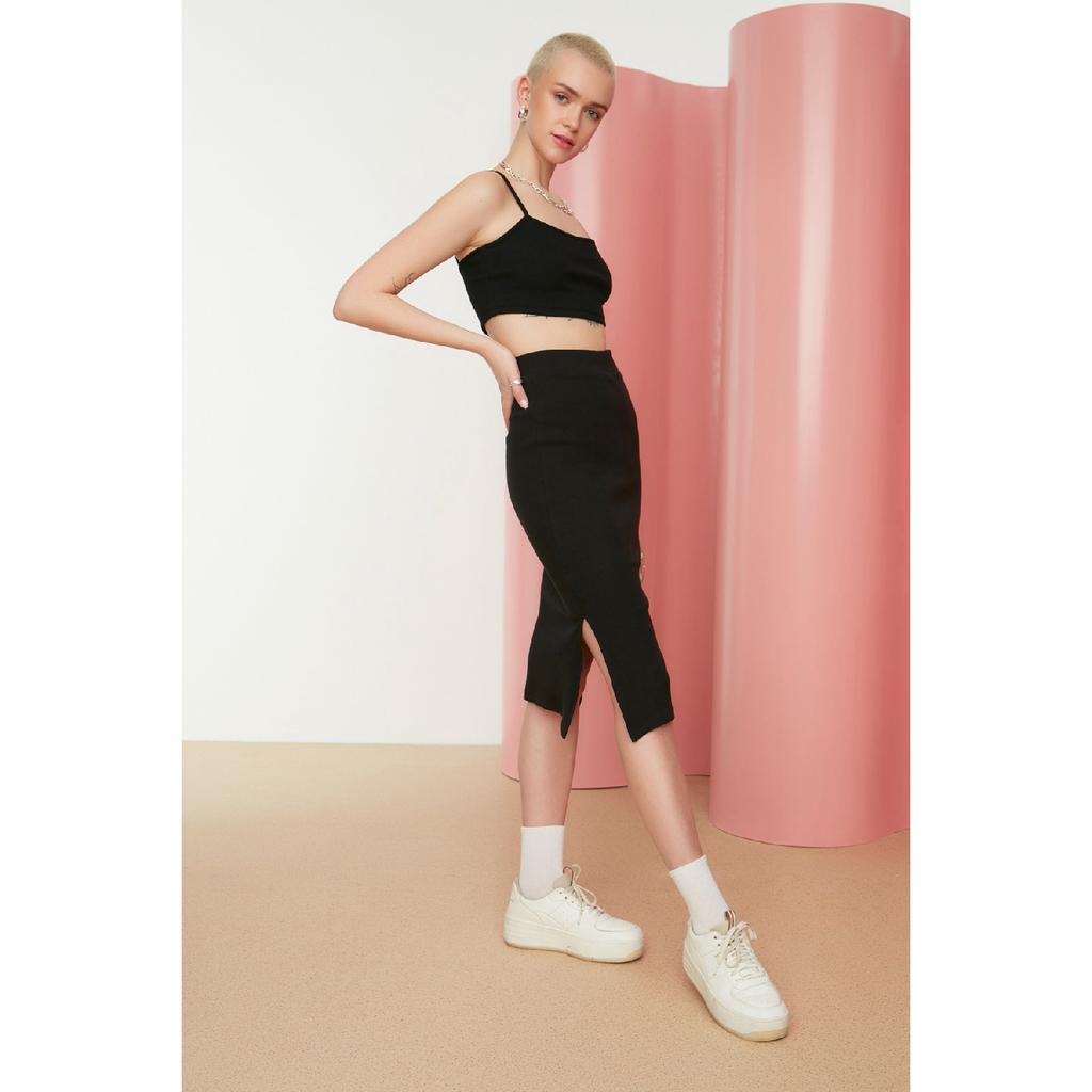 Black Slit Detailed Fitted High Waist Ribbed Stretch Midi Knitted Skirt Twoss22et0250