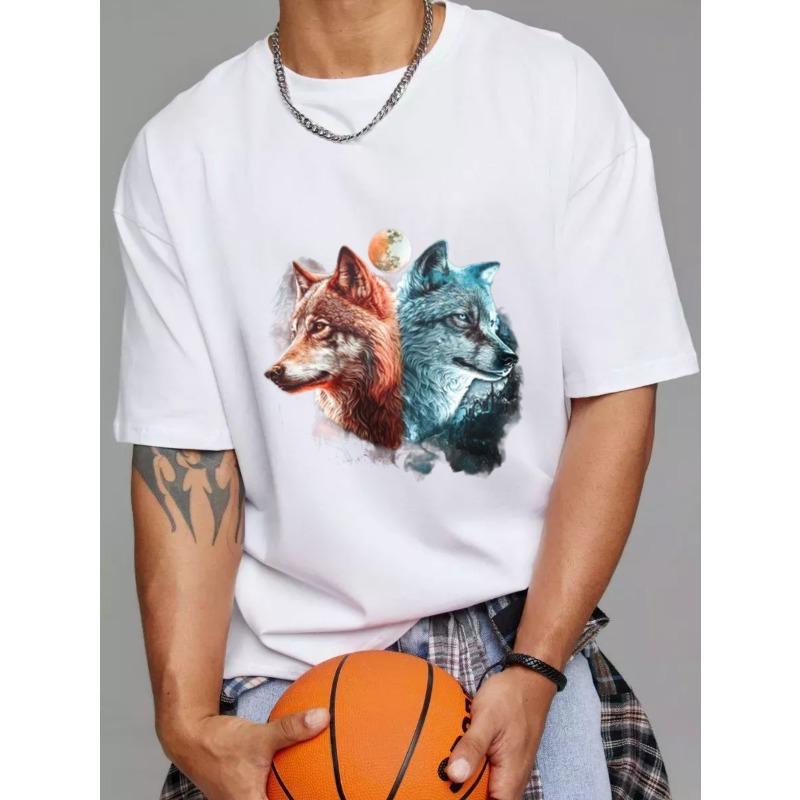 Wolf Graphic T Shirt White Two Wolves Design with Moon and Nature Elements Casual Wear for Men and Women Outdoor Adventure and Everyday Style