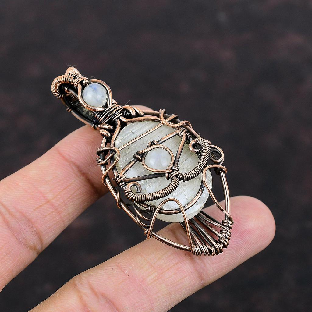 Кулон "Сглаз" Селенит Друзы Медная проволока Обернутый кулон с драгоценным камнем Ювелирные изделия "Сглаз" Подвеска из лунного камня ручной работы Подарок для нее Медные украшения