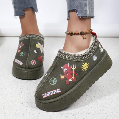 2024 Сапоги на платформе с принтом из меха, зимние женские замшевые теплые туфли на щиколотке, зимние дизайнерские женские плюшевые туфли на плоской подошве, повседневные хлопковые тапочки Zapatos Mujer