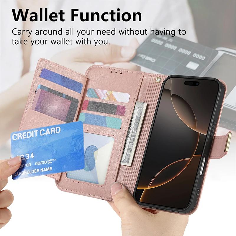 Кожаный чехол-книжка через плечо для IPhone 17 Air 16 E 15 14 13 12 Pro Max Plus 16E 17Air 17Pro Женский Мужской Кошелек Держатель для карт Чехол