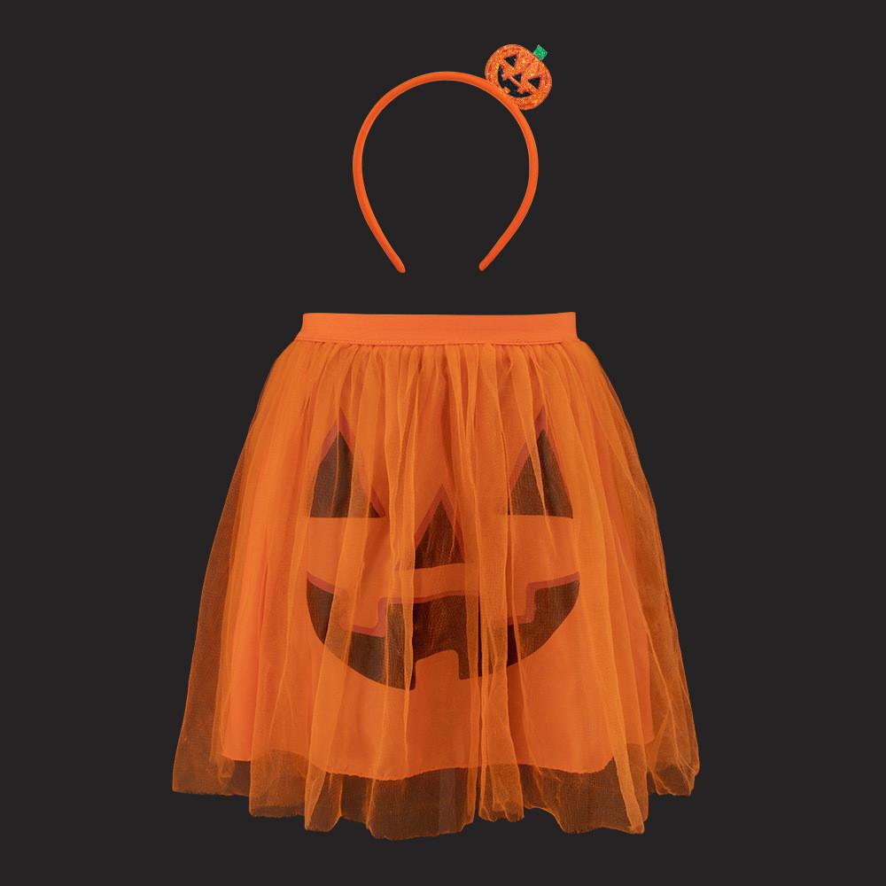 Halloween Ghost Face Pumpkin Veil Dress And Headband Set For Kids