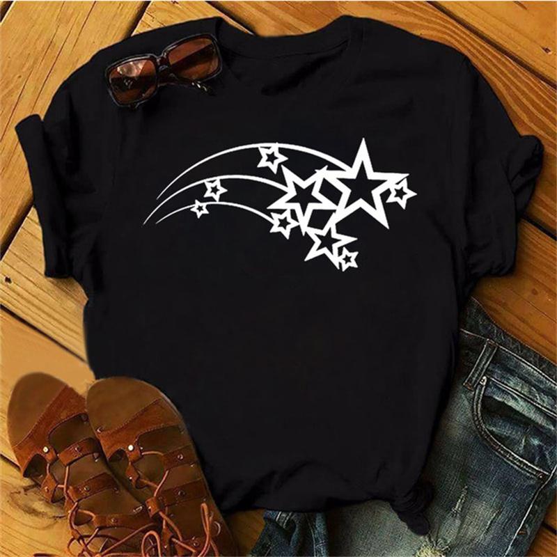 Maycaur Woman Star Moon Print Harajuku Летние футболки Повседневная футболка с круглым вырезом и коротким рукавом Женская черная футболка Прямая поставка