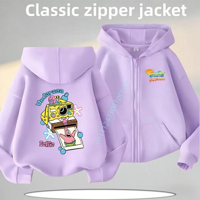 2026 New SpongeBob Cartoon Print New Style Children's Zippered Hooded Sweatshirt Casual Jacket Autumn/Winter Coat Polo Shirt