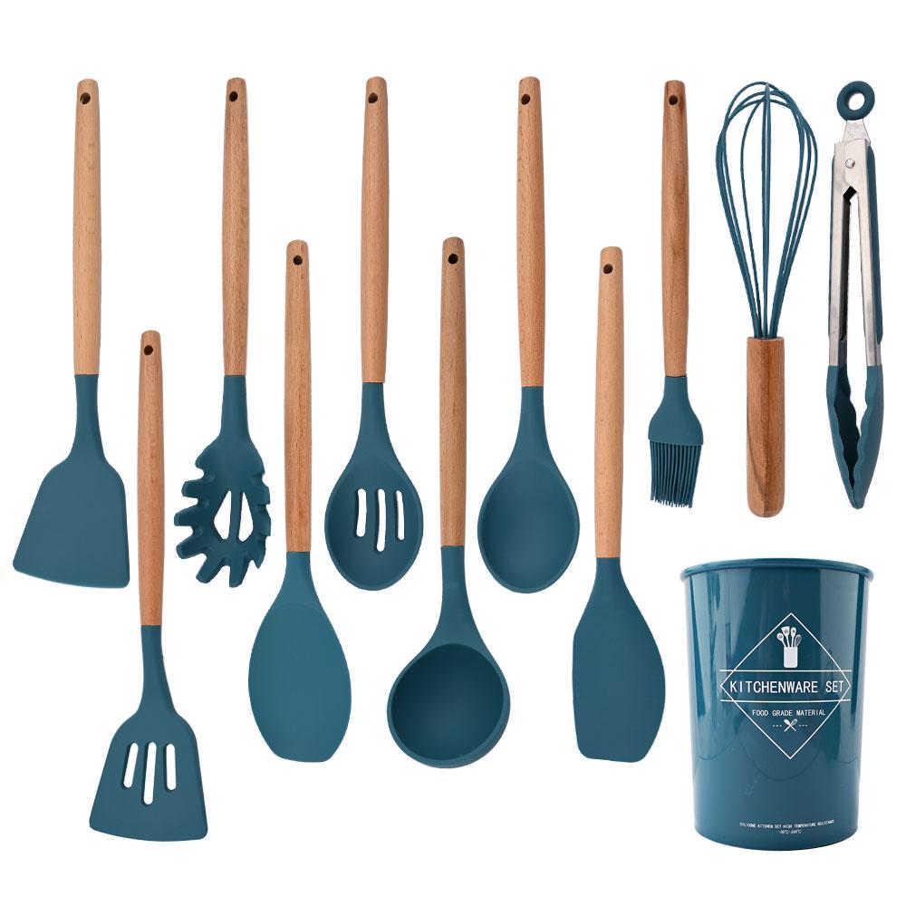 Зеленый силиконовый набор кухонных принадлежностей, антипригарная посуда, лопатка, венчики для яиц, деревянная ручка, набор кухонных инструментов