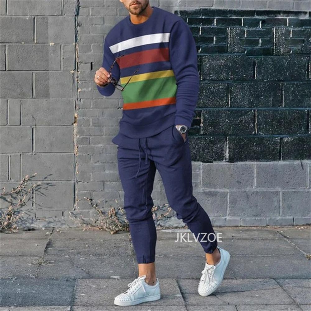 Осенний мужской костюм с футболкой и брюками в полоску с градиентным графическим принтом, спортивные костюмы свободного покроя с длинным рукавом, мужские брюки, комплект из 2 предметов