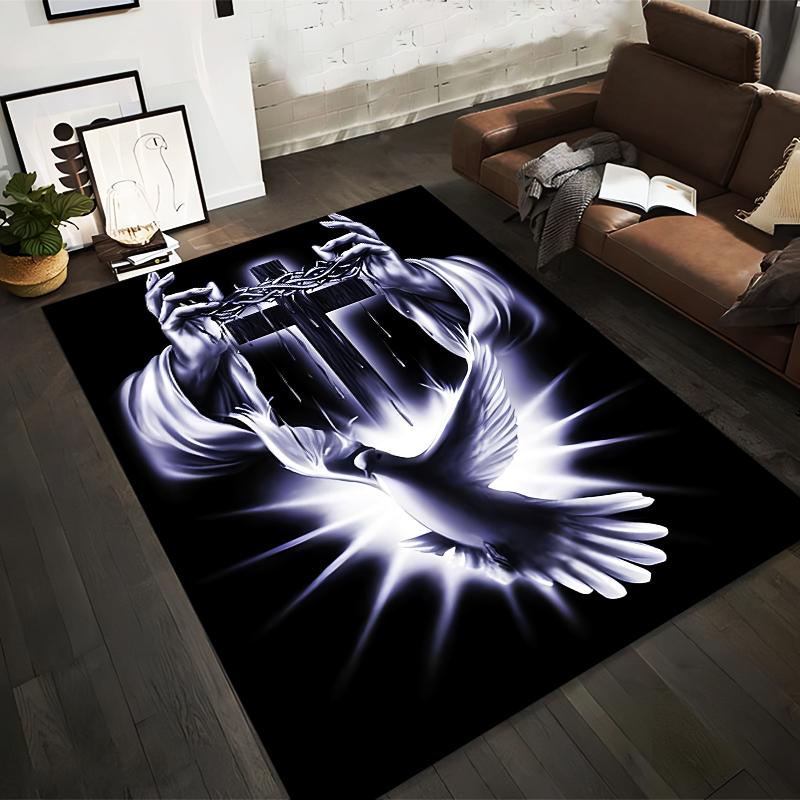 Crescent Cross & Dove Artwork Rug Non-slip rug suitable for living room and bedroom sofas.