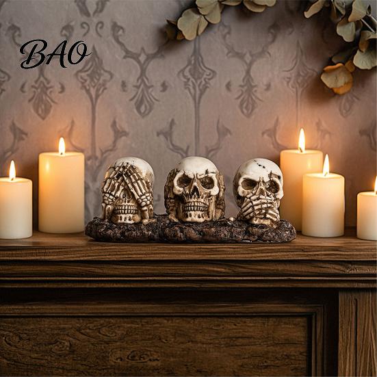 Halloween Atmosphere Decor See Hear Speak No Evil Skull Figurine, Spooky Resin Retro Figurine Skeleton Statue for Mantel, Table, Gothic Home