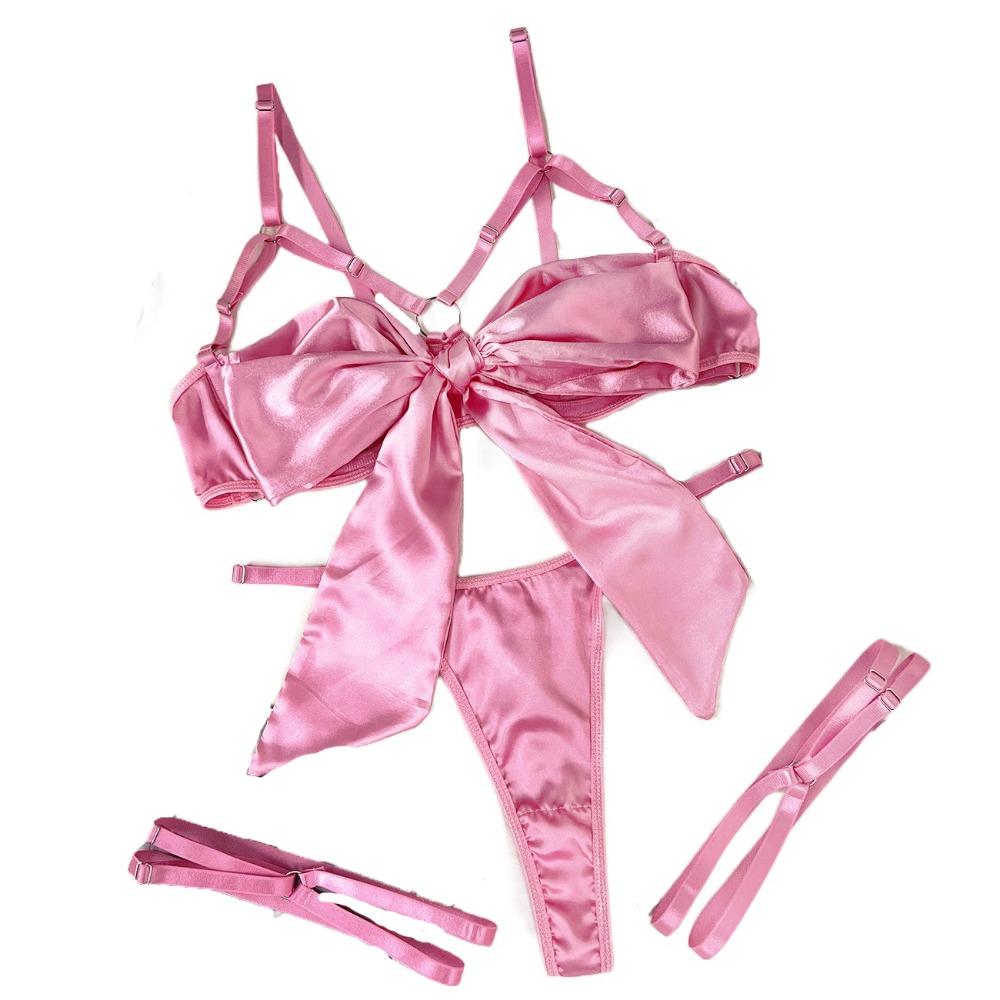 Ruffle Underwear Three Piece Set Hollow Out Women Lingerie Set Pajamas Satin Silk Bra Suit  Gifts