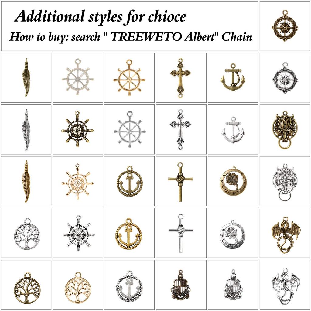 Цепочка для карманных часов TREEWETO Albert Chain с 2 крючками и подвеской в виде компаса для мужчин