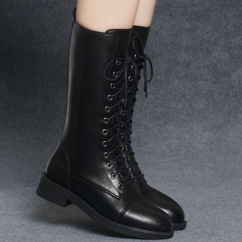 Модные осенне-зимние черные кожаные ботинки на шнуровке до середины икры с флисовой подкладкой, женские удобные и элегантные полусапоги на распродаже для женщин