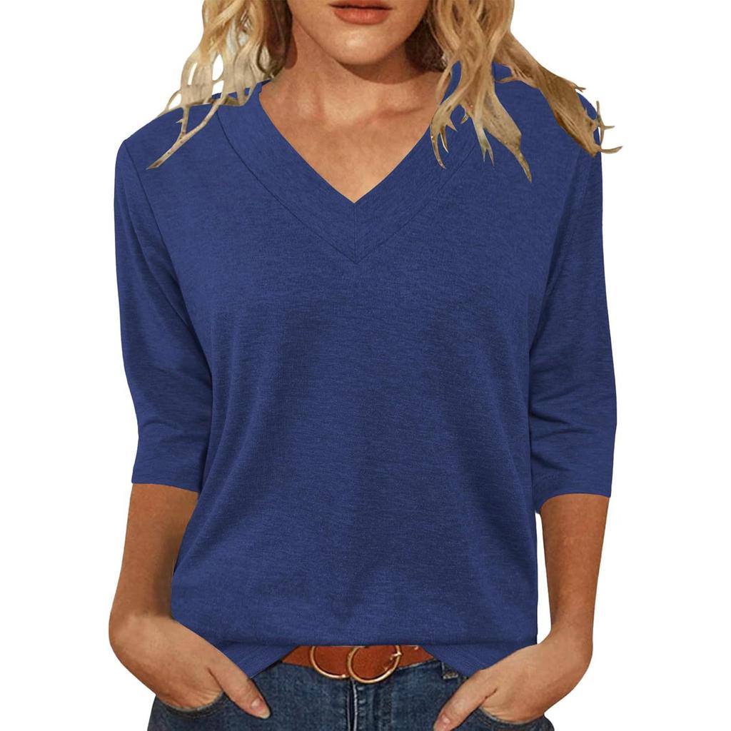 Women's Color V-Neck Three-Quarter Sleeve Casual Top