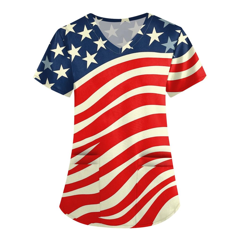 Women's Fashion V-neck Short-sleeved Work Dress With Pockets Independence Day Printed Top Carer Suit