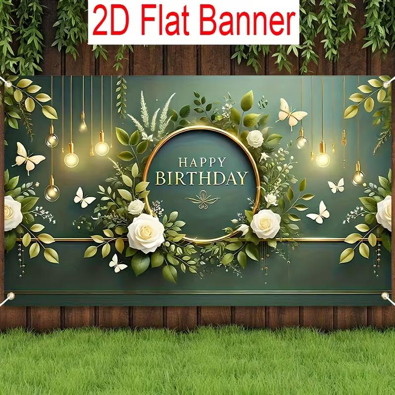 2D Dark Green & White Rose Birthday Photo Booth Background