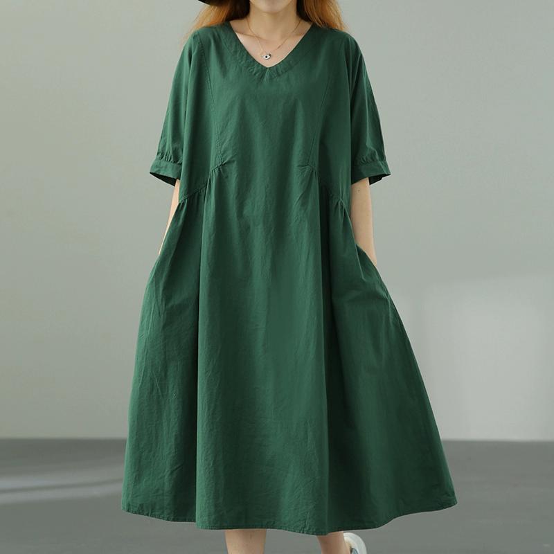 DIMANAF 2025 Весеннее однотонное платье Женское повседневное винтажное длинное платье Свободное базовое зеленое черное оранжевое платье