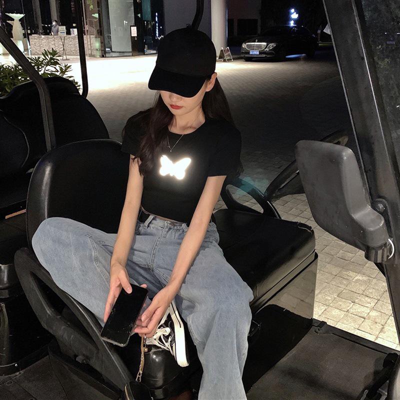 Women's Reflective Butterfly Crop Top - Summer 2024 Black Short-Sleeved Trendy T-Shirt