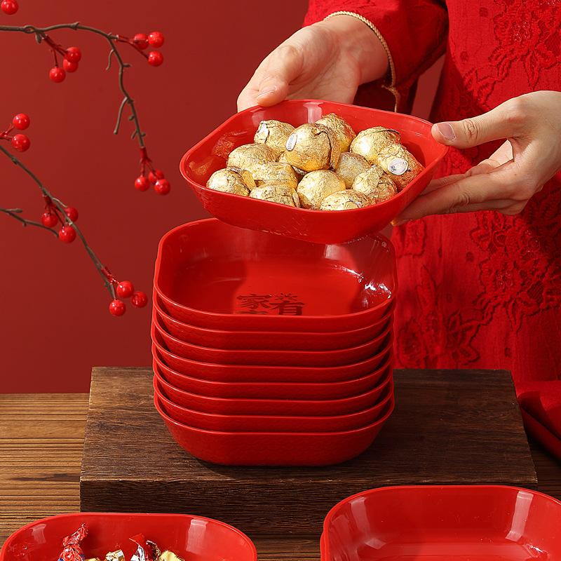 Свадебная красная тарелка с сухофруктами, бытовая тарелка для фруктов на кофейный столик в гостиной, тарелка для конфет на новоселье в новом доме, на Новый год