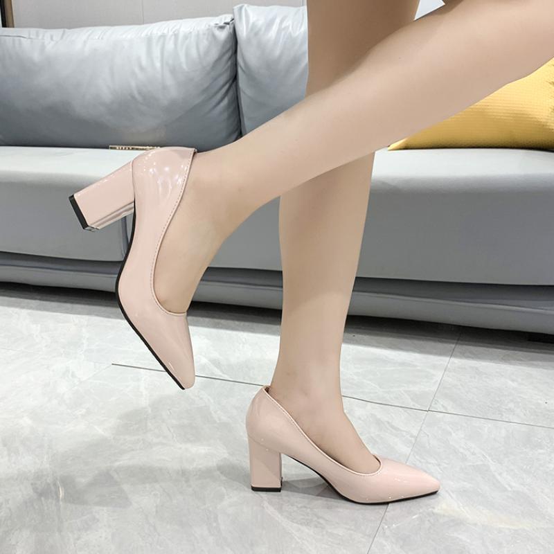 Туфли-лодочки ярких цветов на толстом каблуке, женские туфли из лакированной кожи с острым носком, вечерние туфли, женская мода, туфли на высоком каблуке на мелком каблуке