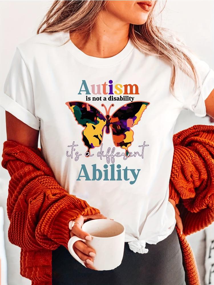 Womens Autism Awareness Butterfly Print Inspirational Quote TShirt Vibrant ColorBlock Design Soft Crew Neck Casual Top