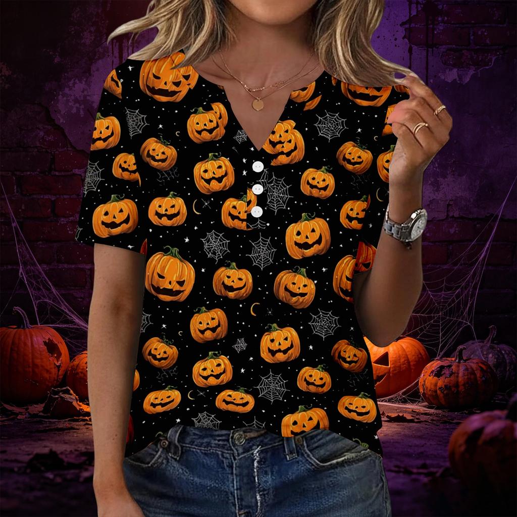Women V Neck Short Sleeve T Shirt with Decorative Buttons Halloween Pumpkin Printed Casual Loose Fit Top for Daily Wear