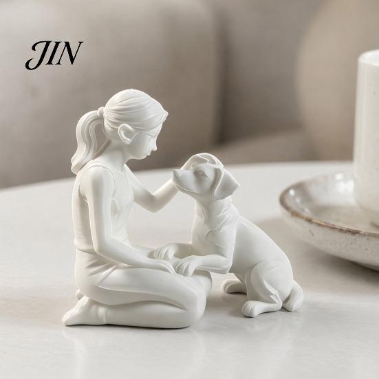Unique Handcrafted Pet Keepsake 3D Printed Girl with Dog Figurine, Minimalist Squatting Sculpture for Home Emotional Sympathy Gift Decor, Healing