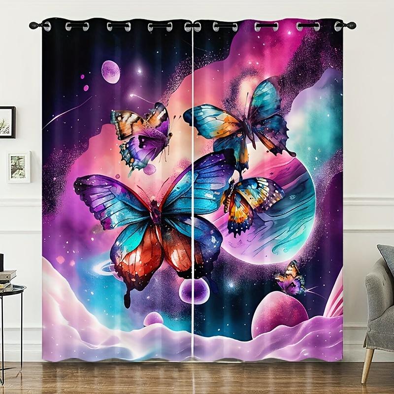 2pcs Romantic Butterflies Pattern Curtain Rod Pocket Semi Blackout Window Curtains For Living Room Window Drapes Bedroom Room