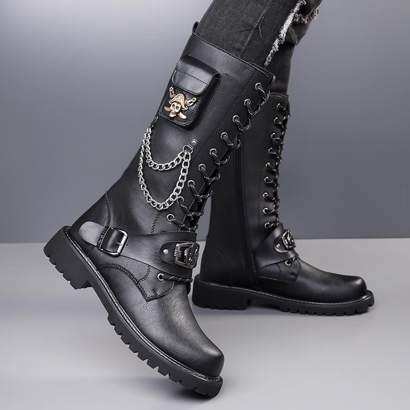 Fashion Fashion Men's High Motorcycle Boots Gothic Punk Genuine Leather Boots Comfy Flat Designer Casual Leather Outdoor Tooling Boot