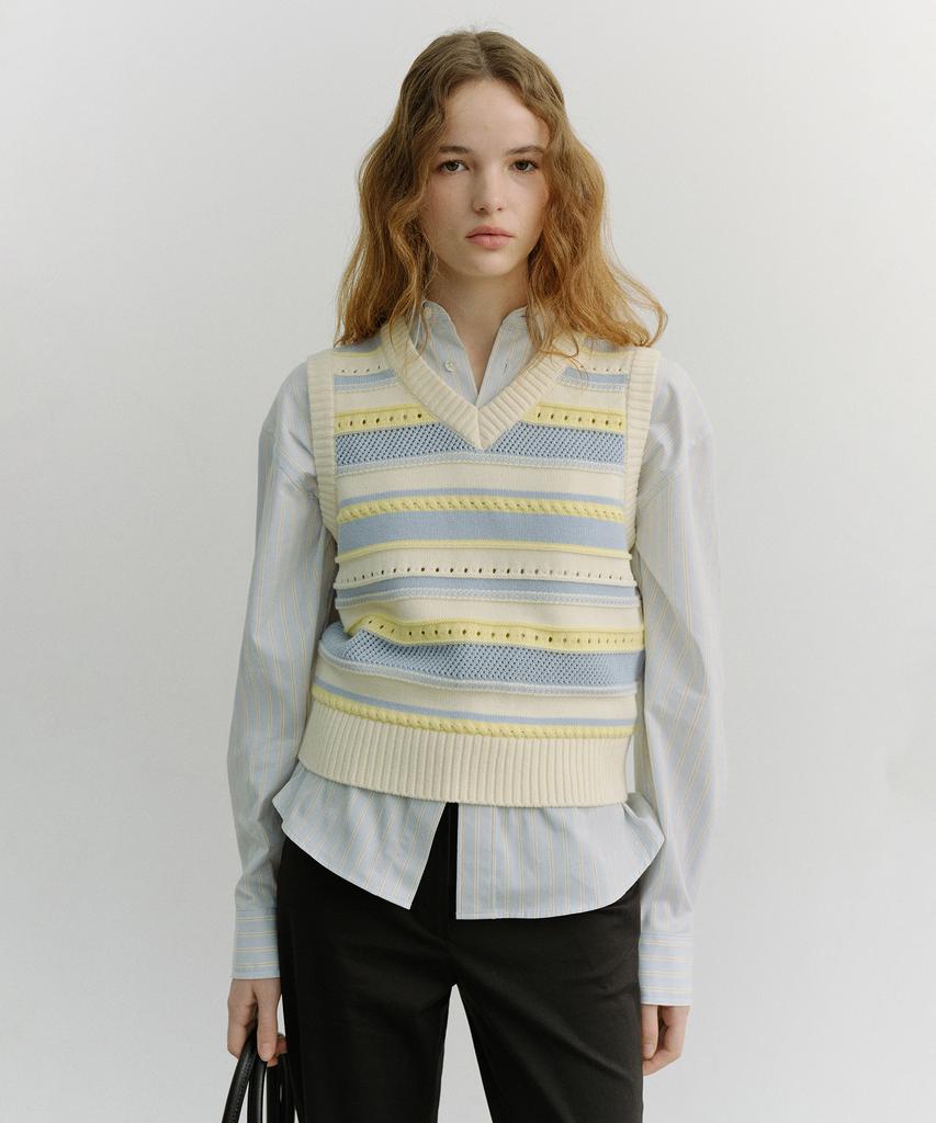 Deonseuteu Унисекс Вязаный жилет в полоску_Udsw6B123_Кремовый / Мягкий синий