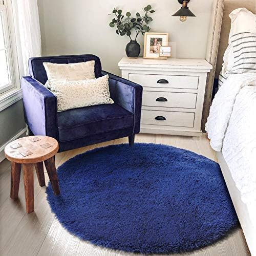 Blue Round Rug for Kids Room, Bedroom, Living Room, Washable Fluffy Shaggy Area Rug, Aesthetic Decor, 120cm