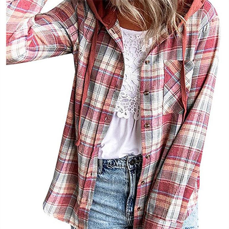 Новая весенняя женская рубашка из смесового хлопка, модная клетчатая рубашка с капюшоном, женская рубашка с длинным рукавом и однорядными пуговицами, блузки в британском стиле