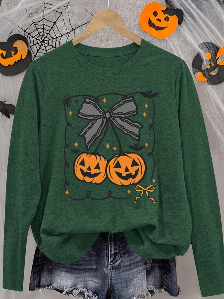 Women's Halloween Long Sleeve Crew Neck T-Shirt with Cute Creepy Pumpkin & Bow Print, Funny Soft Casual Gift, Local Shipping