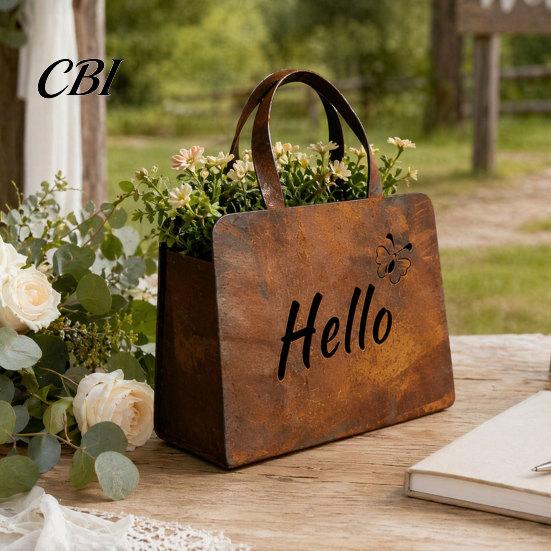 Purse-shaped Flower Pot Handbag Planter, Rustic Metal Purse Box with Curved Handle, Double-Sided Hello Mini Welcome Design Vintage Farmhouse