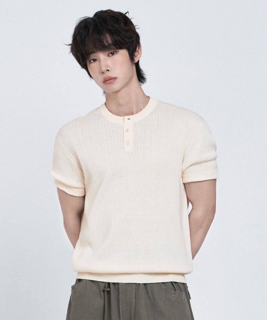 LEMAIN SECOND Classic Henley Neck Washable Short Sleeve Knit [Ivory]