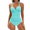 Women's Pure Color Halter Split Strap Belly Contracting Two Piece Swimsuit V-neck Swimsuit with Shorts