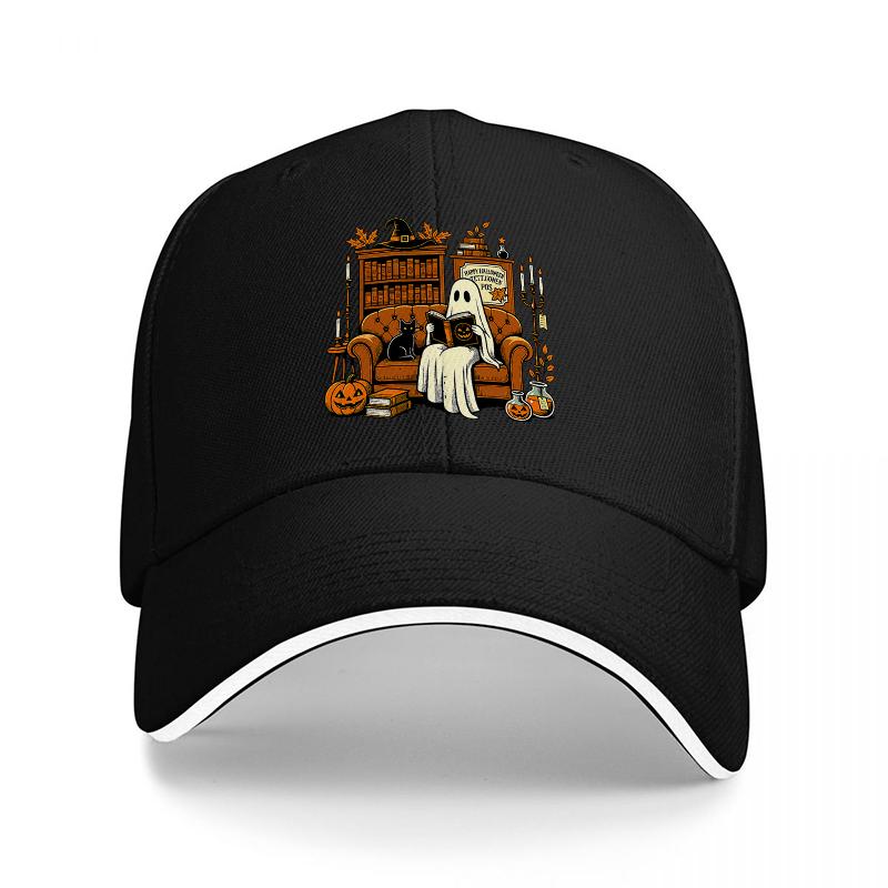 Halloween Ghost Reading Bookshelf Scene Baseball Cap Spooky Library Design Black Adjustable Hat for Adults