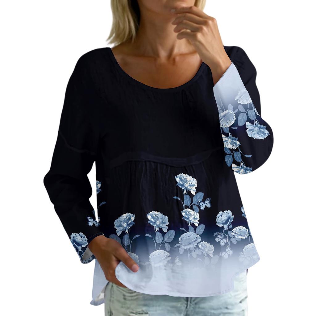 Women's Casual Fashion Loose Round Neck Floral Print Long Sleeve Top