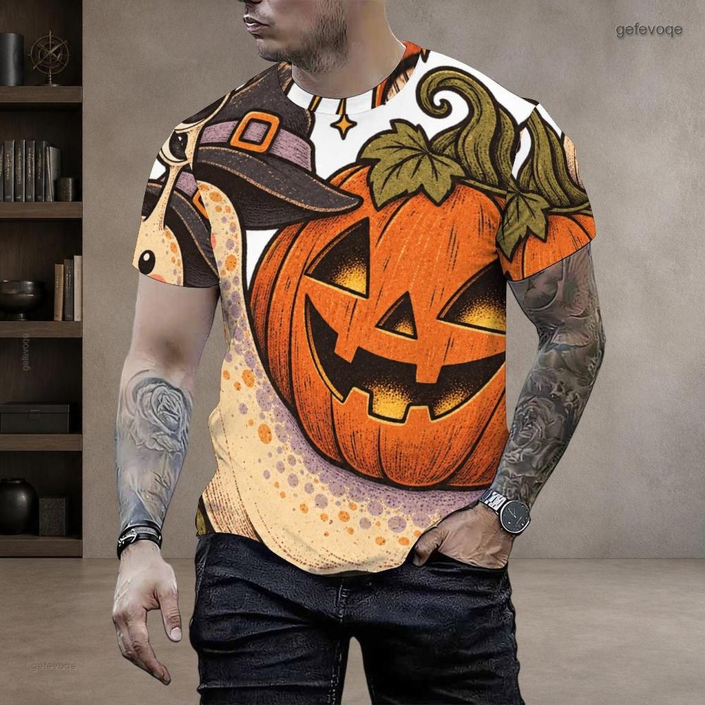 Men s Plus Size Round Neck Short Sleeve T Shirt Halloween Black Cat Ghost Pumpkin Printed Casual Tee