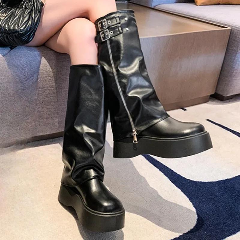 Весна Осень Женские Мотоциклетные Ботинки Британский Стиль На Толстой Подошве 2024 Сценический Подиум Ретро Молния Ремень Пряжка Дизайн Модные Ботинки