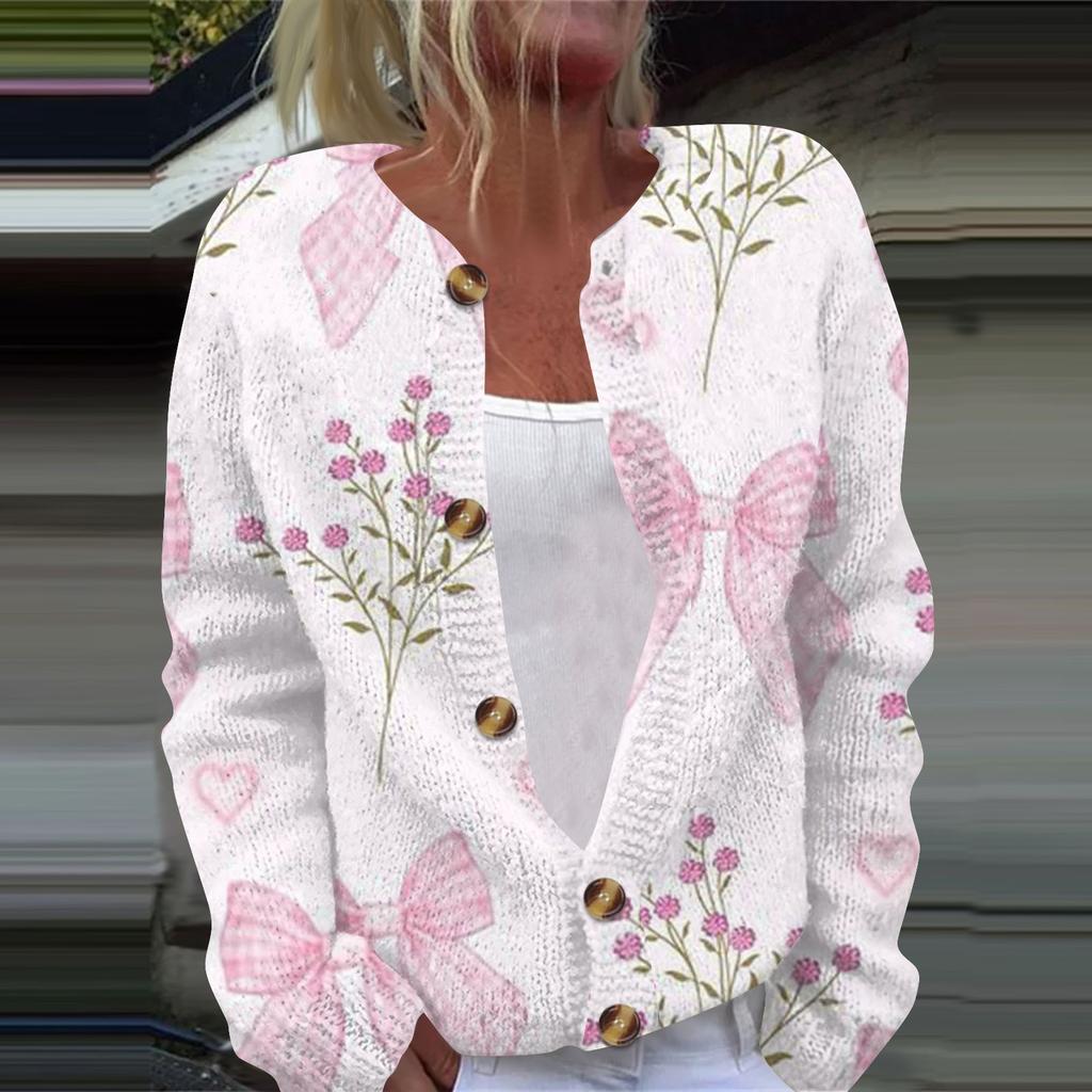 Женская мода с принтом банта, длинный рукав, вязаный кардиган, куртка на пуговицах