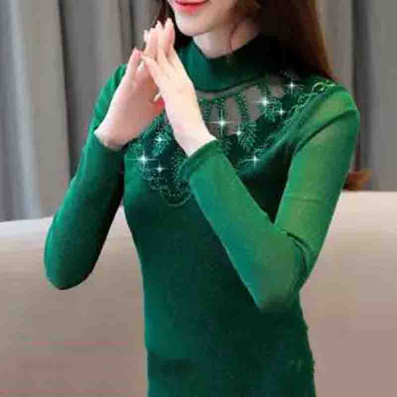 Весна-лето, кружевная рубашка, женская дикая тонкая рубашка большого размера, тонкий ромбовидный топ с половиной высокого воротника