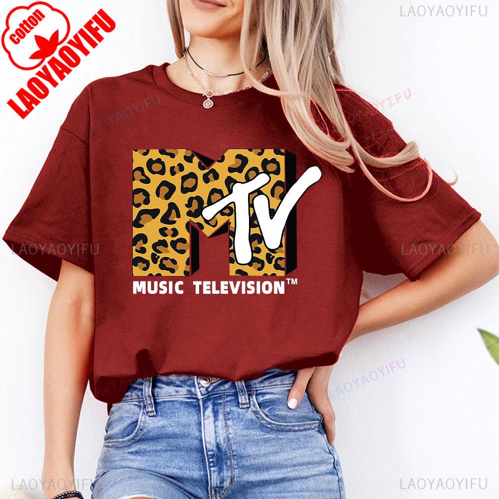 Retro MTV Leopard Tshirt 80s 90s Vintage Music Television Logo Unisex Cotton TopsClassic Band Tee Casual Fashion Graphic T Shirt