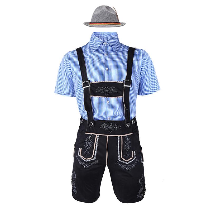 L Oktoberfest Costume Classic Men's Plaid Shirt and Overalls Cowboy Hat Set Halloween Carnival Party Costume Waiter Maid Uniform